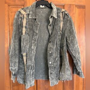 POL Distressed Corduroy Jacket with Plaid Accents